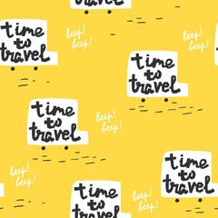 Cute seamless pattern. Time to travel. Creative childish texture for fabric, wrapping, textile, wallpaper, apparel. Vector illustration.