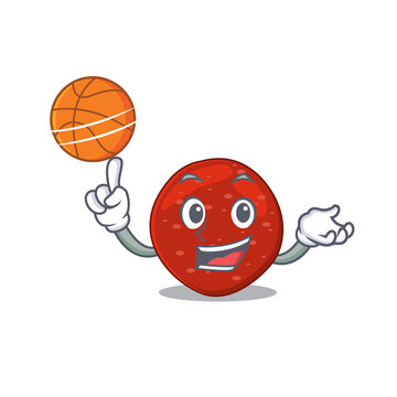 Sporty cartoon mascot design of peperoni with basketball