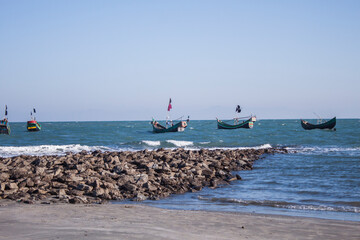 Tropical St. Martin beach with sand and Bay of Bengal travel tourism wide panorama background concept. The island locally known as Narkel Jinjira is the only coral island. Famous tourist place. 