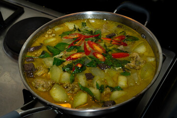 Green curry with red chili made in the kitchen