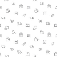 Seamless pattern with e-commerce and shopping icon on white background. Included the icons as store, delivery, package, box, coupon, cart, adding, shipping, tags, market and other elements.