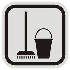 cleaning room, gray and black frame, vector icon, black silhouette of bucket and broom
