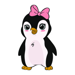 Cute cartoon penguin girl character with bow vector isolated