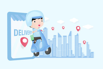 Online ordering via application with delivery staff, Vector illustration in lineart style.