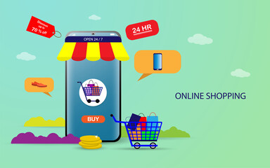 Shopping online illustration concept, people using smartphone for online shopping concept, can be use for landing page, website, mobile web and application vector illustration