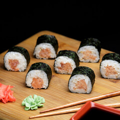 Traditional japanese sushi with fresh salmon.