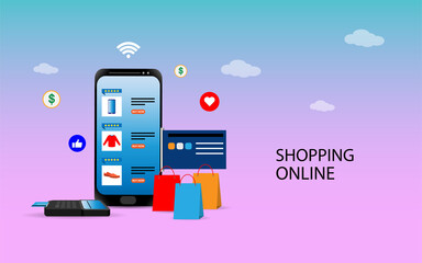 Shopping online illustration concept, people using smartphone for online shopping concept, can be use for landing page, website, mobile web and application vector illustration