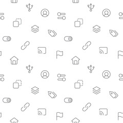 Seamless pattern with user interface and basic icon on white background. Included the icons as user, interface, controls, essential, ui elements, web and other elements.