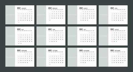 2021 Calendar Planner Design.Week Starts on Sunday.