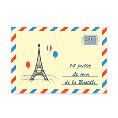 Fototapeta na wymiar 14 July French National Day. Envelope Happy Bastille Day.