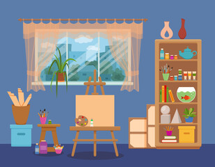 Fototapeta premium Art studio interior colorful vector illustration.