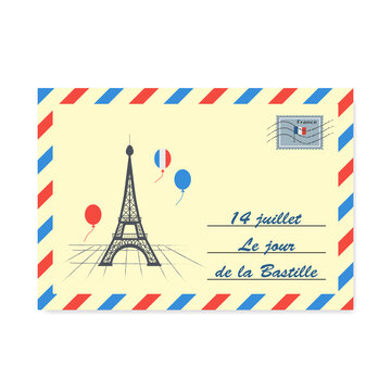 14 July French National Day. Envelope Happy Bastille Day.