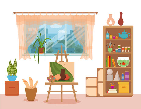 Art studio interior colorful vector illustration.