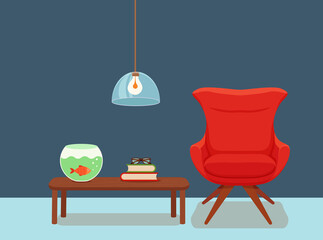 Interior with an armchair potted plant, floor lamp.