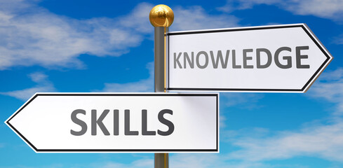 Skills and knowledge as different choices in life - pictured as words Skills, knowledge on road signs pointing at opposite ways to show that these are alternative options., 3d illustration