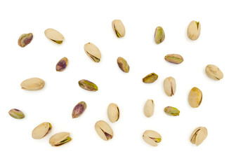 Pistachio nuts on white background. Top view. Top view.