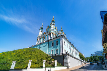 Travel to Ukraine. Church in Kiev city under blue sky. Baroque St. Andrew's Church or the Cathedral of St. Andrew designed by the imperial architect Bartolomeo Rastrelli. Kiev, Ukraine.