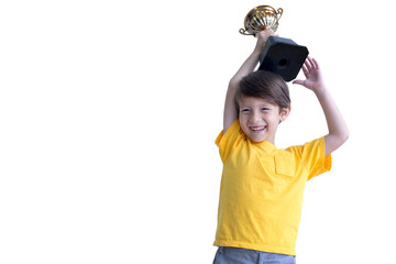Cheerful boy holding a trophy isolated on white background, with clipping path