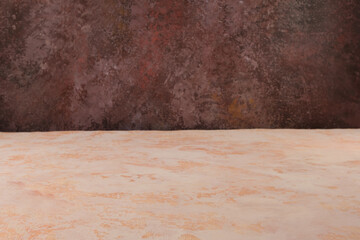 Image of textural table in front of abstract blurred background. Empty textural table platform over background for present product. Copy space.