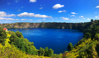 Panorama view of Blue Lake, a volcanic crater at Mount Gambier-South Australia in a sunny day.