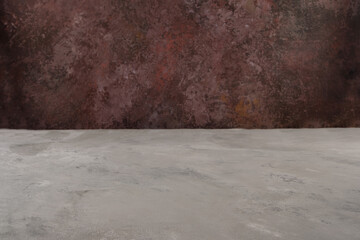 Image of textural table in front of abstract blurred background. Empty textural table platform over background for present product. Copy space.