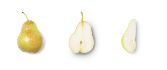 set of fresh sliced pear isolated on white background, close view