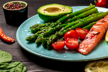 Fried salmon with asparagus, tomatoes, lemon, Detox and healthy concept. Keto food. Overhead, top view, banner