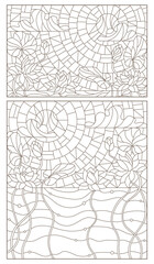 Set of contour illustrations of stained glass Windows with lotuses on the background of water and sky, dark outlines on a white background