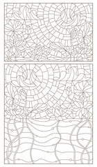 Fototapeta premium Set of contour illustrations of stained glass Windows with lotuses on the background of water and sky, dark outlines on a white background