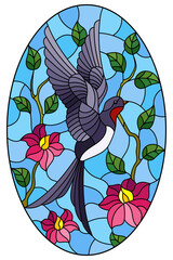 Obraz premium Illustration in stained glass style with a swallow bird on the background of tree branches with flowers and the sky, oval image