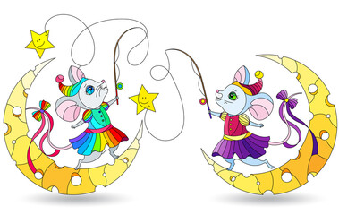 Set of illustrations in stained glass style with cute cartoon mice on the moon, isolated figures on a white background