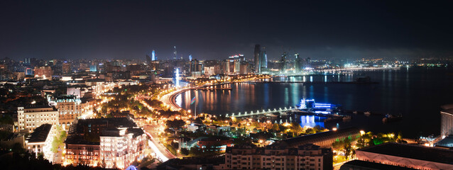 spring night panorama of Baku city, coast and promenade