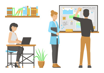 Workflow in the office. Working environment. The people at work. Isolated on a white background. Flat design. Vector illustration.