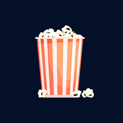 Popcorn big bucket, vector isolated fast food for movie striped white and yellow container.