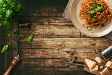 A italian pasta spaghetti background. Italian food concept. Table set cooking spaghetti.