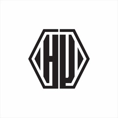 HU Logo monogram with hexagon line rounded design template on white background