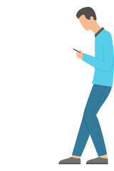 The man is leaning back against the wall, looking at the phone. Isolated on a white background. Flat design. Vector illustration.