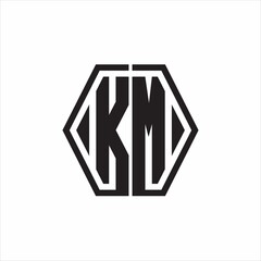 KM Logo monogram with hexagon line rounded design template on white background