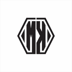 MK Logo monogram with hexagon line rounded design template on white background
