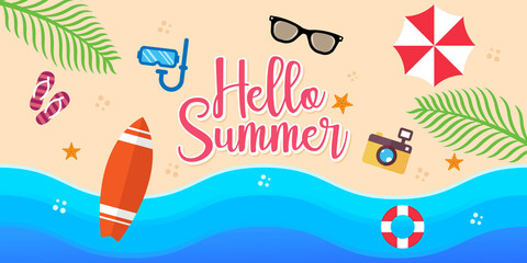 Summer Holiday on the beach Vector Illustration. Summer vacation Vector flat design illustration. Abstract Summer background design template for banner, flyer, invitation, poster, brochure.
