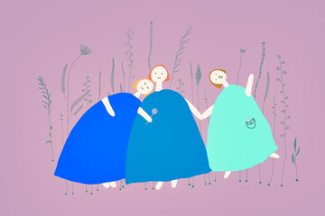 Illustration of the three girls on a purple background. Concept of friendship.
