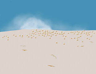 Landscape with seagulls on a white sand dune. Digital drawing.
