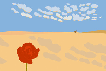 The rose and the fox in desert. Digital drawing.