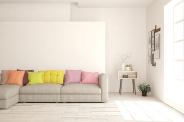 White living room with colorful sofa. Scandinavian interior design. 3D illustration