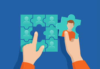 Join our team! HR company concept - Human hands piecing  puzzle form with people avatars inside - motivation of formation of a working team - recruitment hiring illustration