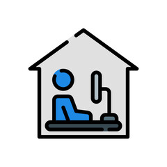 Work at home during an outbreak of the COVID-19 virus. person working on laptop in filled line style icon isolated on white background. vector illustration for graphic design, website, UI. EPS 10