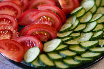 sliced cucumbers and tomatoes in a plate, texture