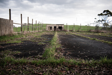 path in the field to abandoned timber building 