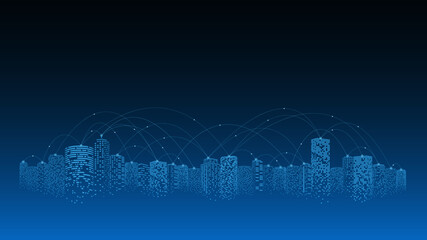 Network and communication in a digital city. The future of smart cities connected with Internet of things. 5g technology concept.