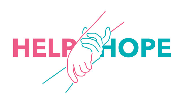 Help and hope concept - drawn outline helping hands - benevolence charity illustration